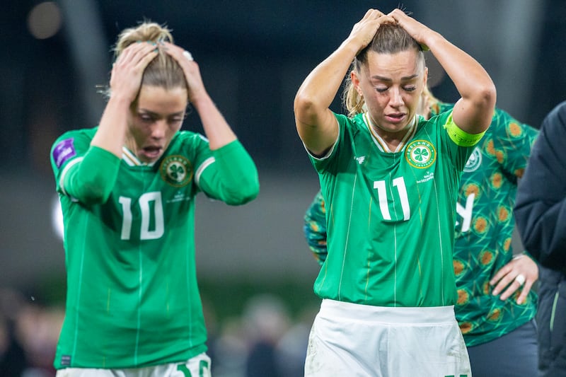 Denise O'Sullivan and Katie McCabe following the defeat to Wales in the European Championship play-off at the Aviva Stadium. Photograph: Tim Clayton/Corbis via Getty Images)