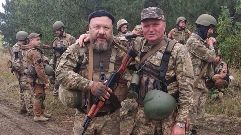 Anatoliy Tsymbalyuk (right) a lawyer and former company manager from western Ukraine, who has been fighting for Ukrainian forces in eastern Ukraine for eight years. Photograph: Anatoliy Tsymbalyuk