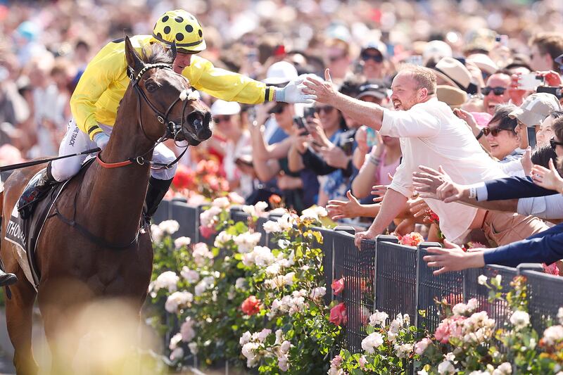 Mark Zahra riding Without A Fight celebrates winning Race 7, the Lexus Melbourne Cup at Flemington Racecourse. Photograph: Daniel Pockett/Getty