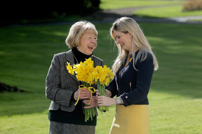 Sabina Higgins and Averil Power at Áras an Uachtaráin in March to help promote Daffodil Day. Photograph: Mazwells 