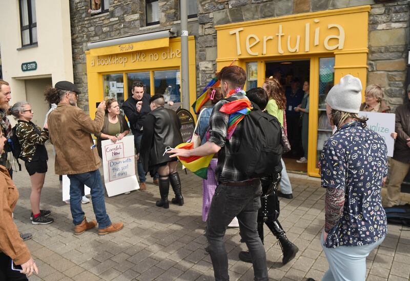 Protesters against the Drag Queen Story Hour event face off with supporters of Mayo Pride at the Tertulia Book Shop at the Quay, Westport, on Saturday. Photograph: Conor McKeown