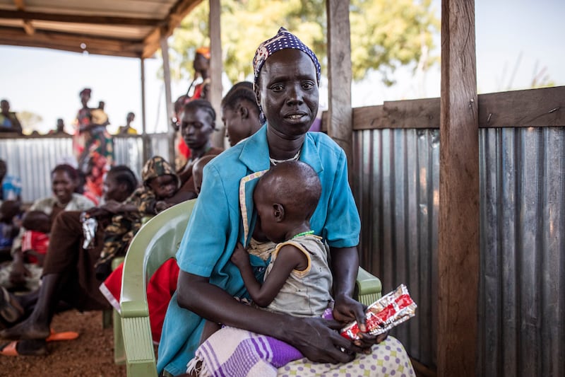 Due to the ongoing violence in south Sudan, Ahok Dhal Dhal (30) had to escape with her 14-month-old son. Her son soon began suffering from malnutrition but was provided therapeutic food at a Concern health centre and is now recovering. Photograph: Ed Ram/Concern Worldwide