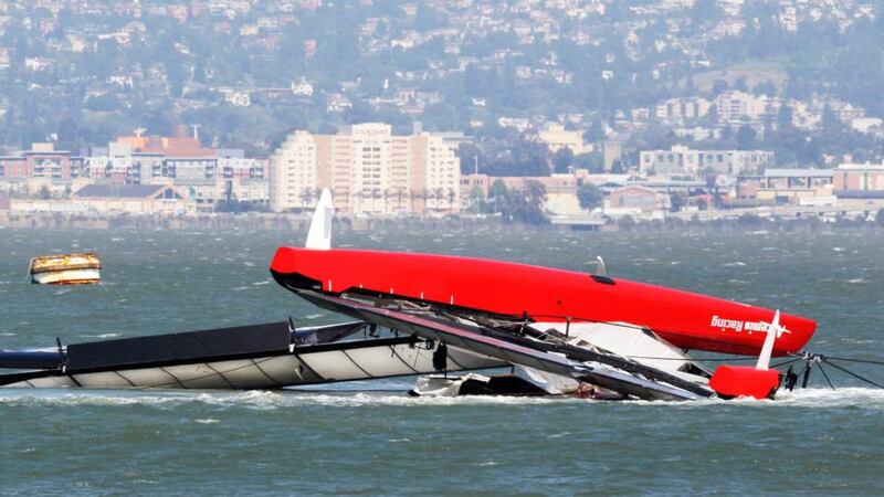 The Artemis Racing AC72 catamaran lies capsized after turning over during training in San Francisco Bay, killing Andrew “Bart” Simpson, an Olympic gold medalist from Great Britain. Photograph: Jed Jacobsohn/Reuters