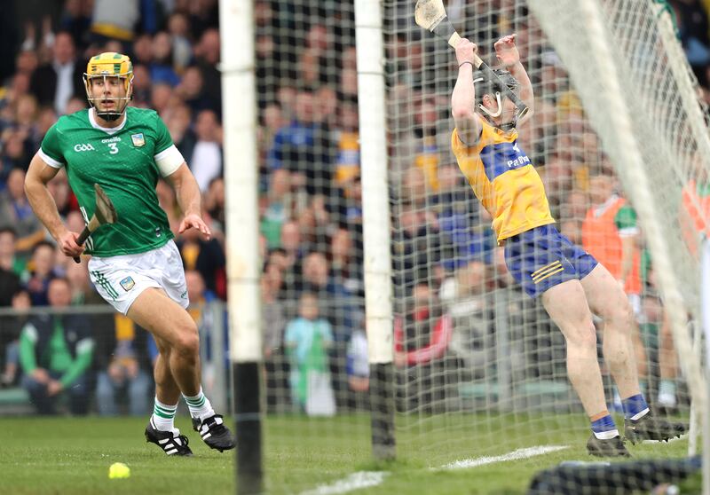 Clare's Tony Kelly reacts to a missed goal opportunity after his shot is saved and then hits the post. Photograph: Bryan Keane/Inpho