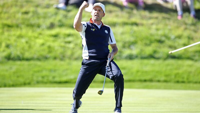 Garcia celebrates a putt on the ninth green during practice. Photo: Adam Davy/PA Wire