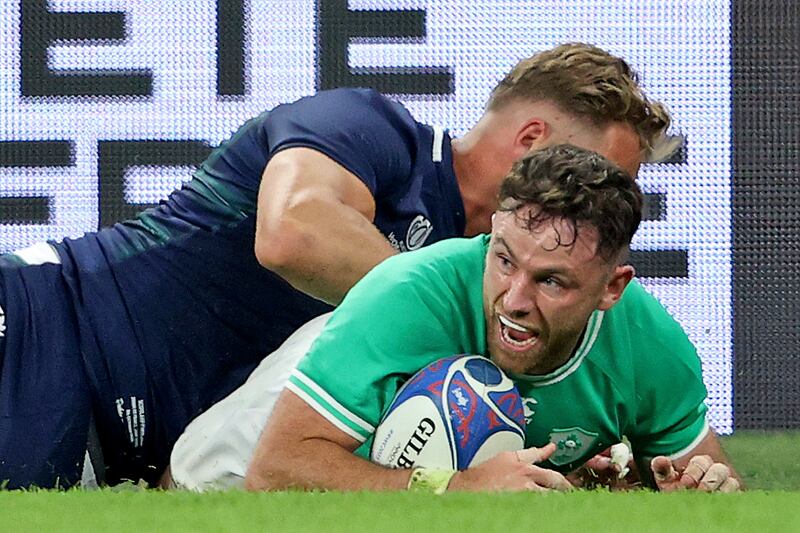 Ireland's Hugo Keenan try sparked a clash of opinions in the ITV commentary box: 'You said exceptional, I say phenomenal'. Photograph: Dan Sheridan/Inpho