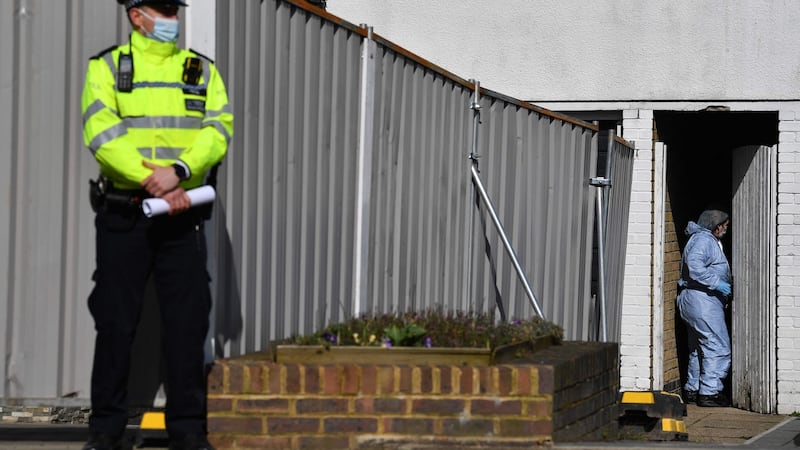 A temporary police barrier surrounds the home of a murder suspect in Deal, Kent. Photograph: by Ben Stansall / AFP via Getty