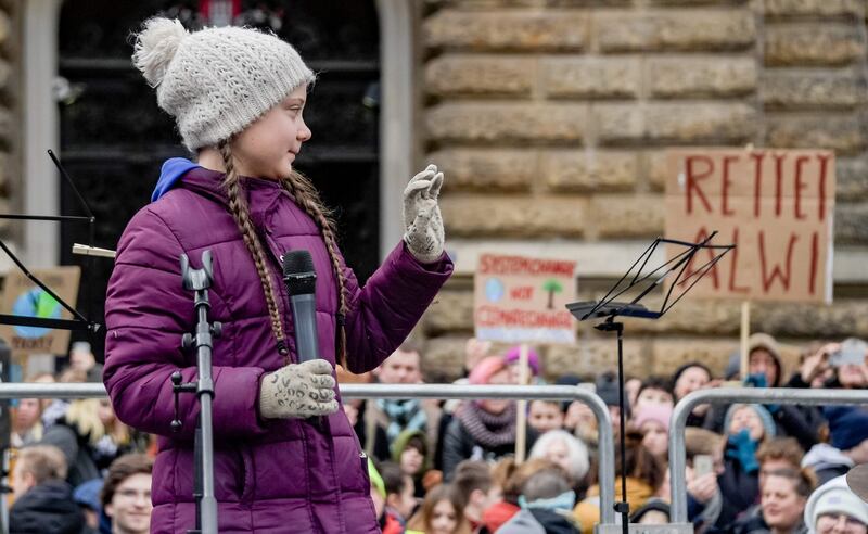 Swedish climate activist Greta Thunberg speaks on stage during a demonstration of students calling for climate protection on March 1st  in front of Hambourg city hall in  Germany. Photograph: Axel Heimken/AFP/Getty