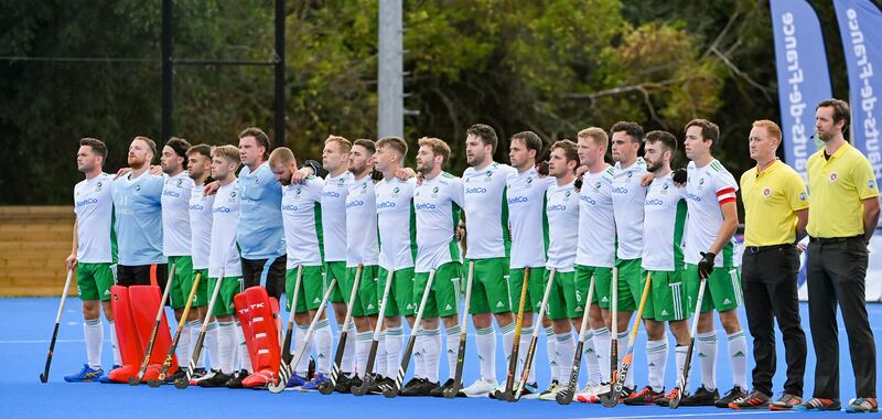 The Irish team lines up before the game. Photograph: Stanislas Brochier/EHF