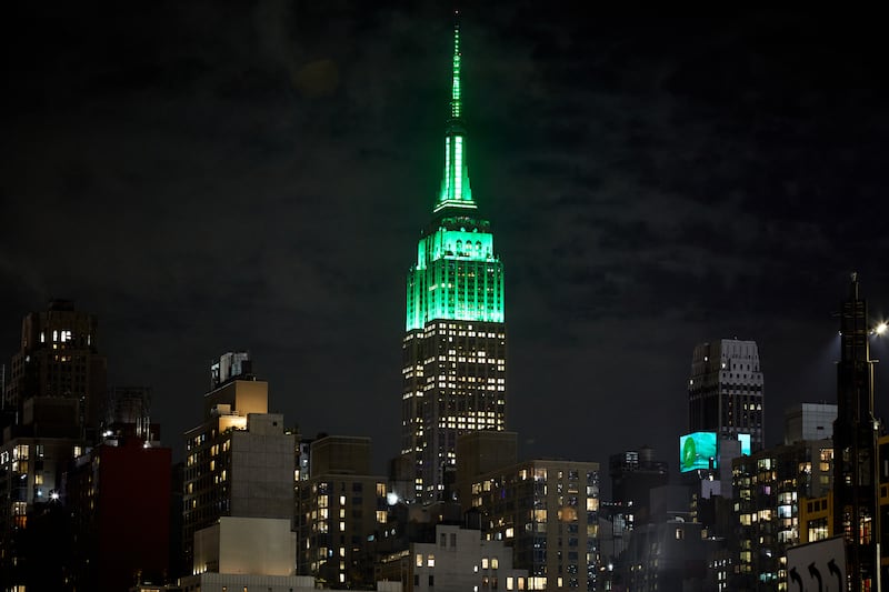 The Empire State Building in New York joins Tourism Ireland’s Global Greening initiative to mark St Patrick’s Day. 
Photograph: Tourism Ireland