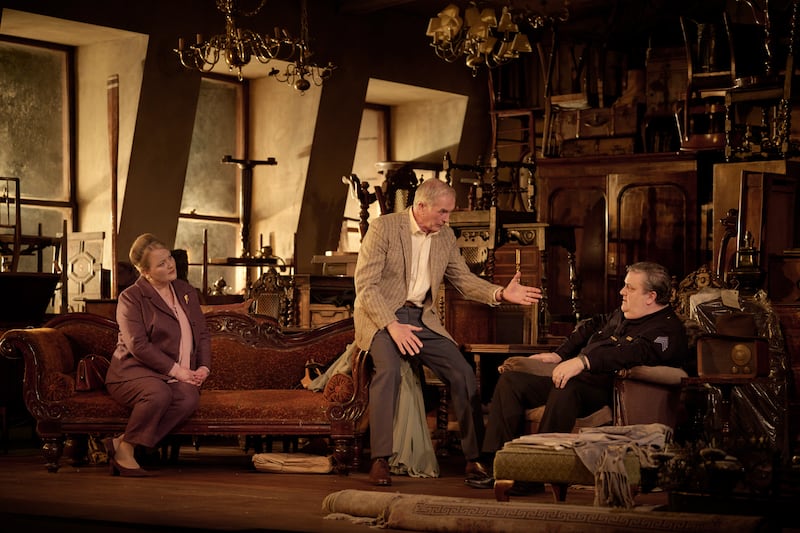 Abigail McGibbon, Sean Campion and Simon Delaney in the Gate Theatre's 2023 revival of Arthur Miller's The Price, directed by Conleth Hill. Photograph: Ros Kavanagh