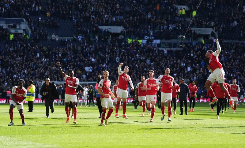 Arsenal players celebrate after the Premier League win over Tottenham Hotspur at Tottenham Hotspur Stadium. Photograph: Zac Goodwin/PA Wire