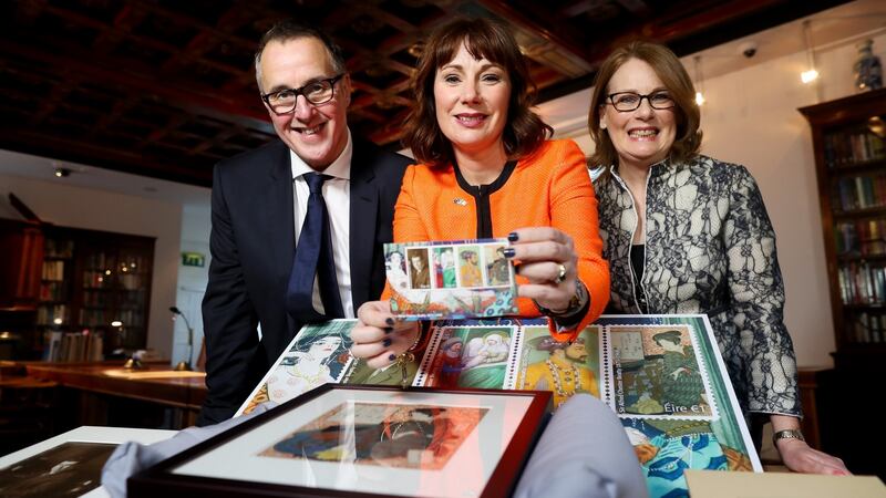 Pictured with the commemorative stamps are  (left to right) David McRedmond, group CEO of An Post; Minister for Arts Josepha Madigan; and  Fionnuala Croke, director of the Chester Beatty Library. Photograph: Maxwell