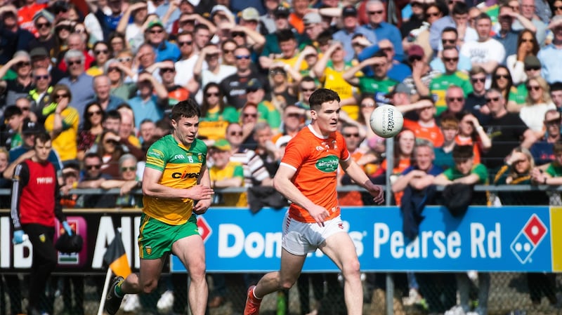 Donegal’s Conor O’Donnell and Armagh’s Jarly Óg Burns in action during the Allianz Football League Division  One game at  O’Donnell Park in  Letterkenny. Photograph: Evan Logan/Inpho