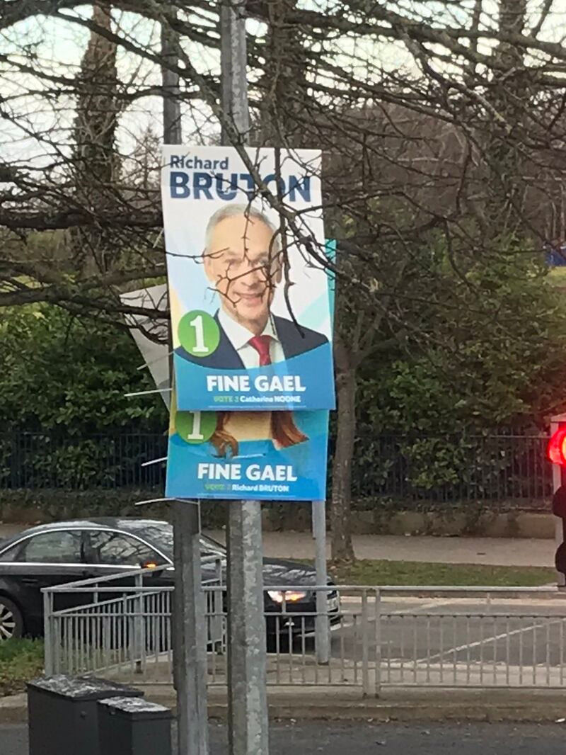 A poster for Richard Bruton obscuring one for his party colleague Catherine Noone in north Dublin