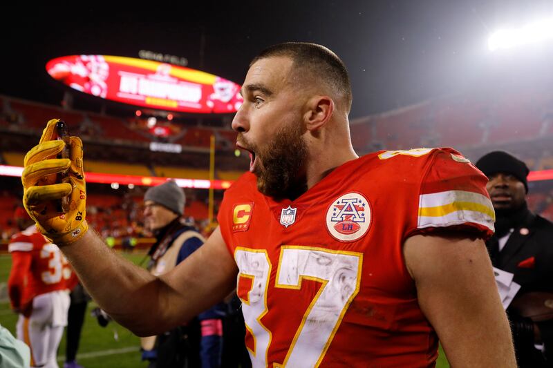 Travis Kelce celebrates after defeating the Jacksonville Jaguars in the AFC Divisional Playoff game at Arrowhead Stadium on January 21, 2023. Photograph: David Eulitt/Getty Images