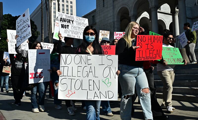 Protesters in Los Angeles on Wednesday demonstrate against Donald Trump's immigration policies. Photograph: Frederic J Brown/AFP via Getty Images