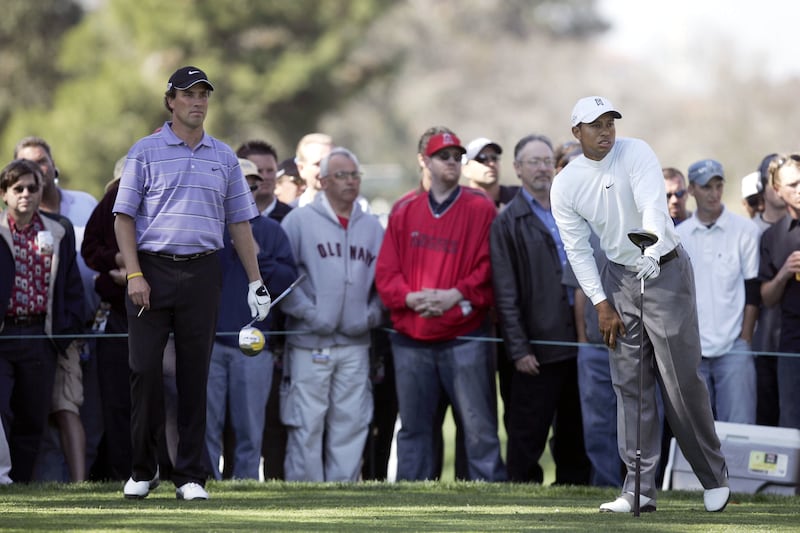 Tiger Woods watches his tee shot on the third hole in his 9 and 8 win over Stephen Ames during the Accenture World Match Play Championships in Carlsbad, California, in 2006. Photograph: Harry How/Getty