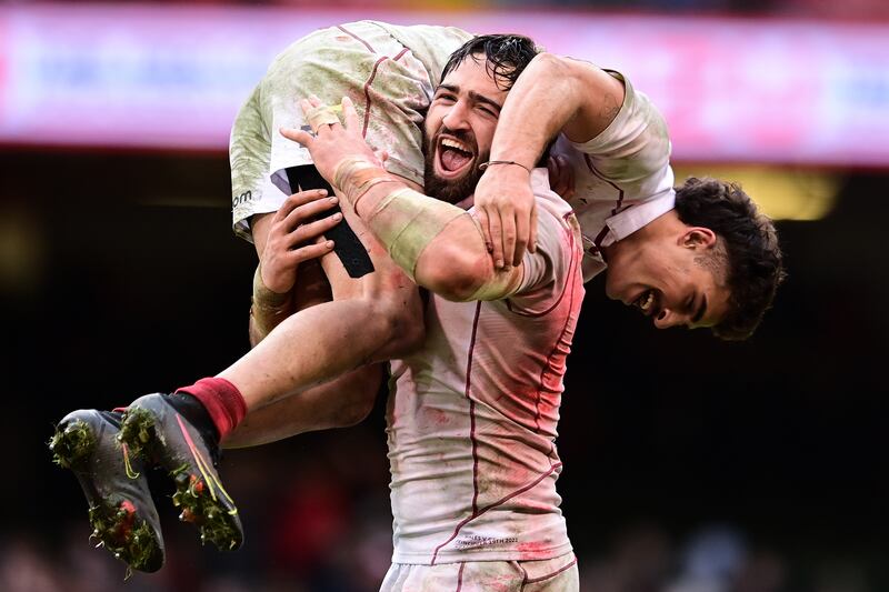 Beka Saghinadze of Georgia celebrates with team-mate Davit Niniashvili of Georgia at , Principality Stadium, Wales, in 2022. Photograph: Ashley Crowden/Inpho