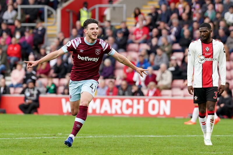 West Ham's Declan Rice celebrates after scoring against Southampton. Photograph: Adam Davy/PA Wire