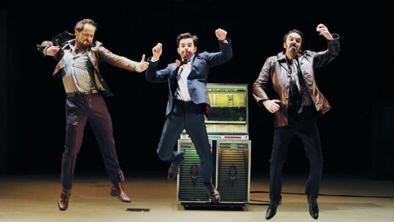 09 April 2013 NewsActors Ronan Leahy, Ciaran O'Brien and Phelim Drew dancing during a scene in Drum Belly, The Abbey Theatre's new play by Richard Dormer which has its world premier in  on The Abbey Stage tomorrow night 10 April 2013. The Play which is about Irish gangsters set in Brooklyn in 1969.Photograph: Aidan Crawley