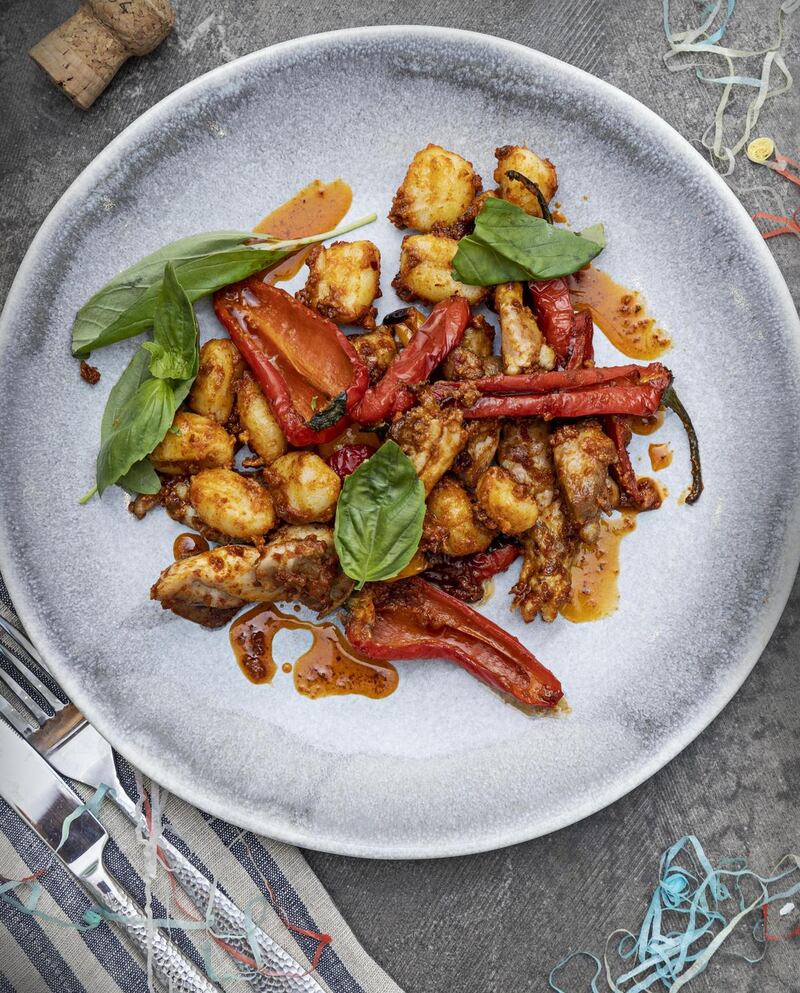 Crispy chicken, pepper, and nduja gnocchi