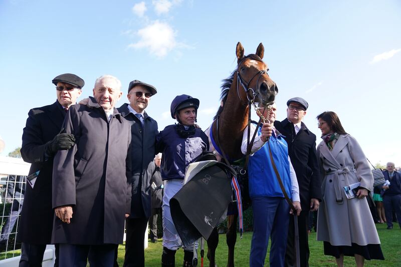 City Of Troy and Ryan Moore and trainer Aidan O'Brien (left) after victory in the Dewhurst Stakes at Newmarket. Photograph: Tim Goode/PA Wire 
