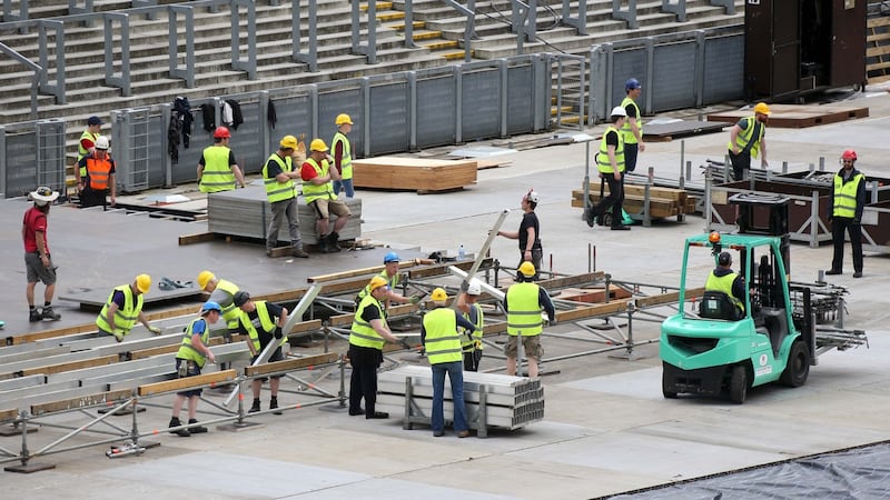 Riggers work on assembling the stage  at Croke Park in Dublin for this weekend’s Bruce Stringsteen concerts.  Photograph: Colin Keegan/Collins Dublin