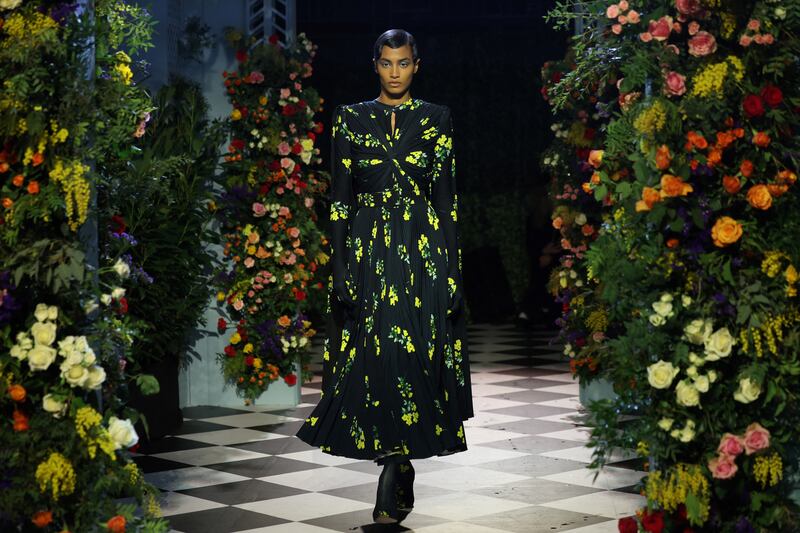 A model presents a creation by Richard Quinn during his autumn-winter 2023 fashion show collection at London Fashion Week on Saturday. Photograph: Isabel Infantes/AFP/Getty Images