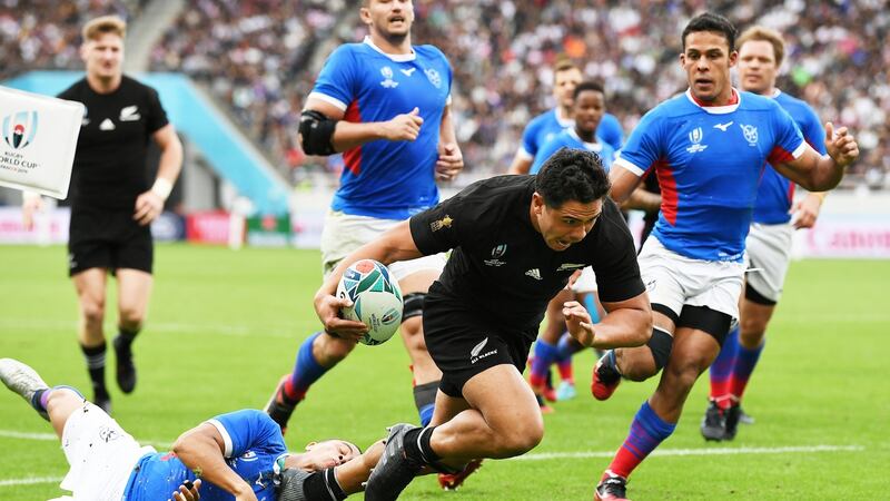 New Zealand’s Anton Lienert-Brown scores a try during the  Rugby World Cup Pool B game against Namibia  at  Tokyo Stadium. Photograph: Andrew Cornaga/Inpho