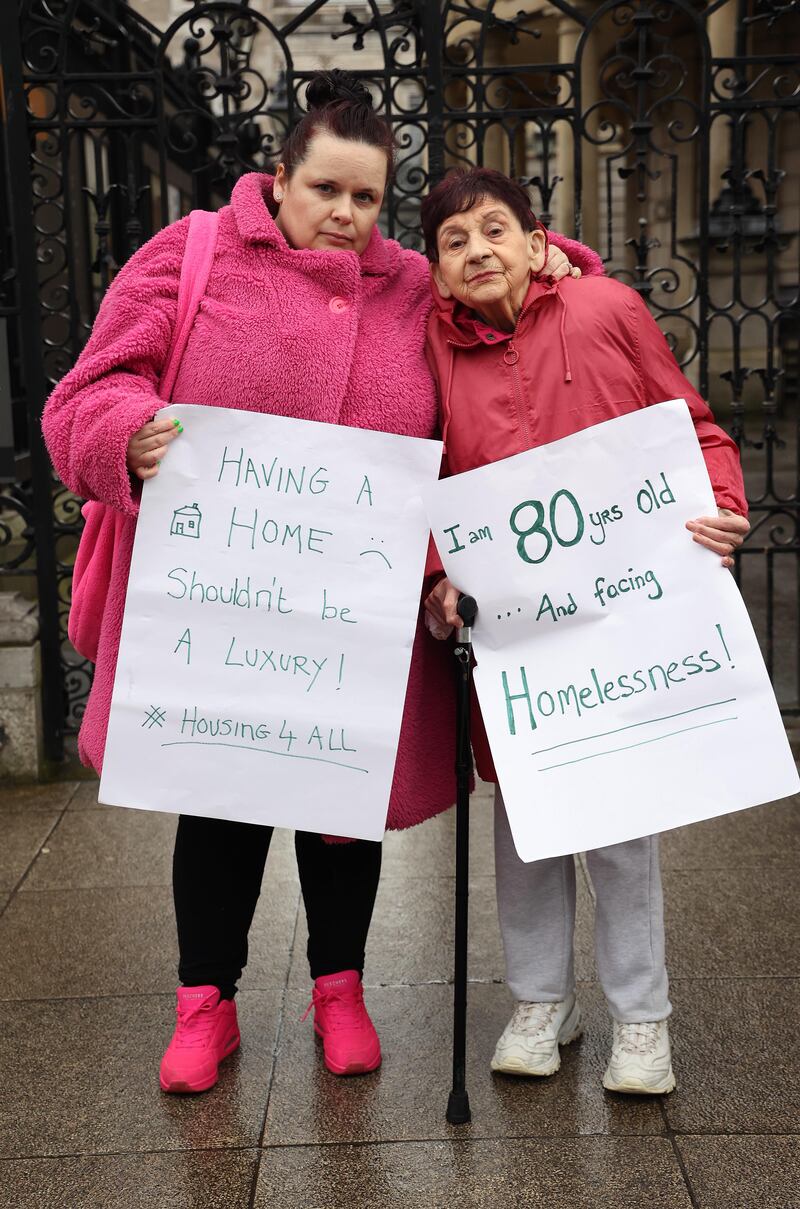 Rachel Keeley-Ferrufino, and her mother, Eileen Keeley, aged 80, from Arklow, Co. Wicklow pictured at the Raise The Roof for Renters protest outside Leinster House. Photograph: Damien Eagers