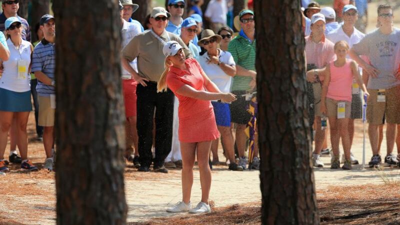 Stephanie Meadow plays a shot from the pine straw on the 12th hole during the final round of the 69th US Women’s Open at Pinehurst Resort & Country Club, North Carolina. Photograph: David Cannon/Getty Images