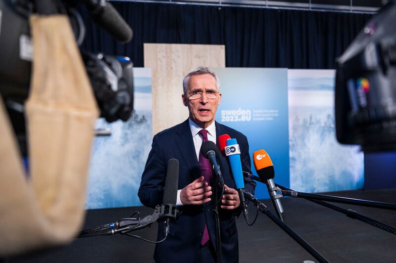 Nato secretary general Jens Stoltenberg speaking to the press after arriving at an informal meeting of EU defence ministers in Stockholm, Sweden, on Wednesday. Photograph: Jonathan Nackstrand/Getty Images 