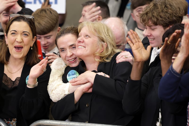 Fine Gael’s Paula Butterly celebrates winning a seat for the 34th Dáil at the Louth Constituency count centre in Coláiste Chú Chulainn, Dundalk. Photograph: Chris Maddaloni/The Irish Times