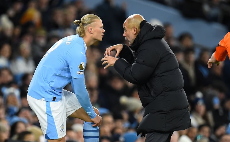 City manager Pep Guardiola  giving instructions to Erling Haaland during a match against Burnley in Manchester on January 31st, 2024. Photograph: EPA