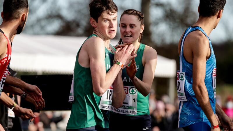 Ireland’s Ciara Mageean passes the baton to Luke McCann in the Mixed 4x1,500m relay. Photograph: Morgan Treacy/Inpho