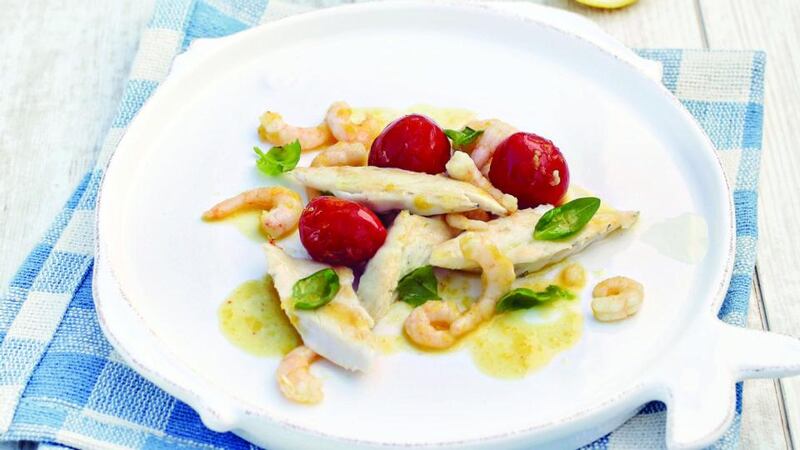 Sea bass with prawns and cherry tomatoes