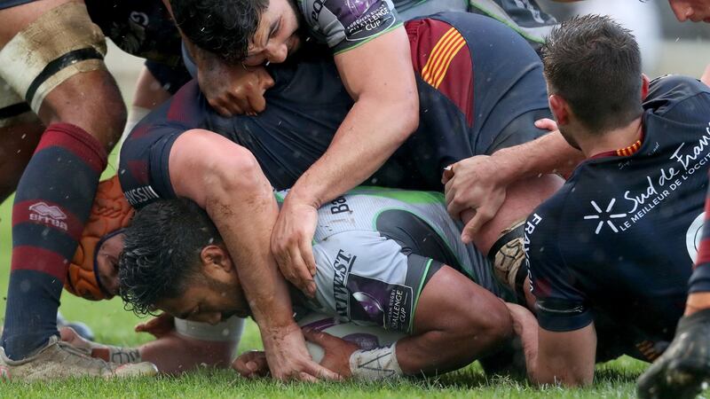 Bundee Aki burrows over to score for Connacht against Perpignan. Photograph: Dan Sheridan/Inpho