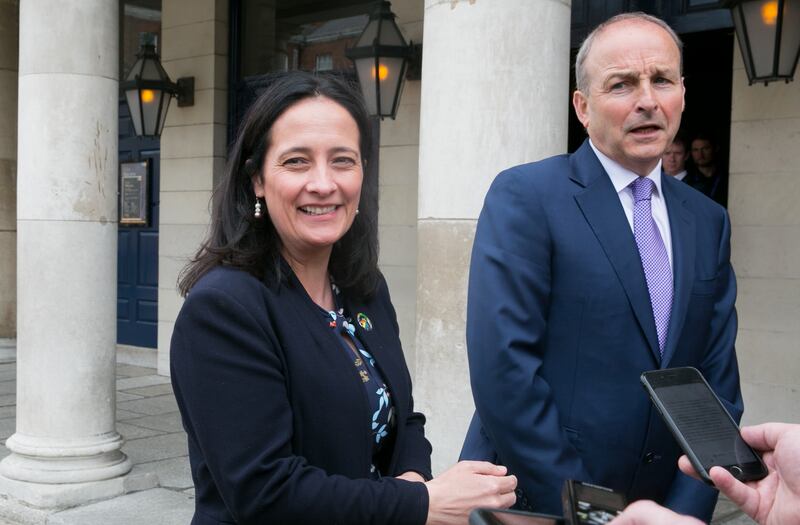 Minister for Tourism, Culture, Arts, Gaeltacht, Sport and Media Catherine Martin TD with Taoiseach Micheal Martin following the launch of the Beyond 2022 Virtual Record Treasury of Ireland at Dublin Castle this week. Photograph: Gareth Chaney/ Collins Photos