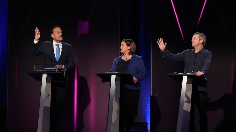 (Left to right) Fine Gael leader and  Taoiseach Leo Varadkar, Sinn Féin leader Mary Lou McDonald and Solidarity-People Before Profit’s  Richard Boyd Barrett are pictured during the seven-way RTÉ leaders debate at NUI Galway (NUIG) on Monday. Photograph: Niall Carson/PA.