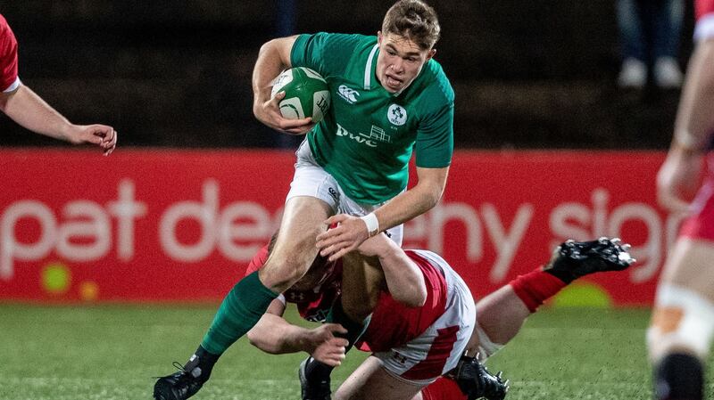 Ireland outhalf Jack Crowley in action against Wales in the Under-20 Six Nations game at Musgrave Park in Cork. Photograph:  Morgan Treacy/Inpho