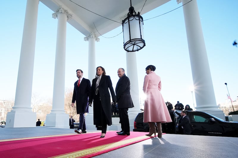 Usha Vance, second gentleman Doug Emhoff, US Vice President Kamala Harris, Vice President-elect.D. Vance , arrive for Inauguration ceremonies, at the White House.