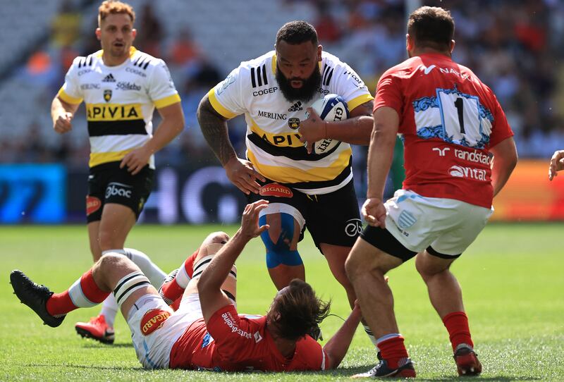 Uini Atonio of La Rochelle takes on Anton Bresler during the Heineken Champions Cup semi-final match between Racing 92 and La Rochelle at Stade Bollaert-Delelis in Lens, France on May 15th.