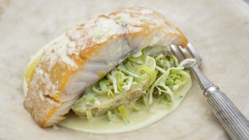 Tasty Sunday dinner: smoked haddock, leek and potato bake. Photograph: Harry Weir Photography