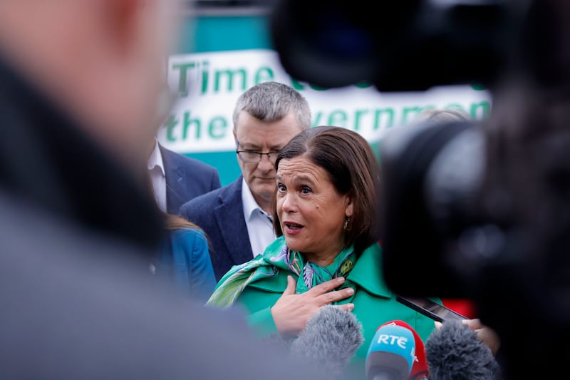 Mary Lou McDonald flanked by party colleagues launch the Sinn Féin  general election campaign launch outside Government Buildings. Photograph: Alan Betson/The Irish Times