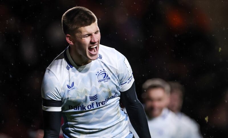 Leinster’s Sam Prendergast celebrates scoring a try. Photograph: Billy Stickland/Inpho