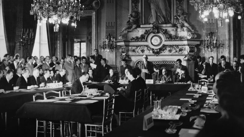 Robert Schuman, France’s foreign minister, addresses representatives from Germany, Italy, France and the Benelux countries at the foreign ministry in Paris, as they met to consider his Schumann Plan  to pool the steel and coal industries of all these nations, the first step toward a European union