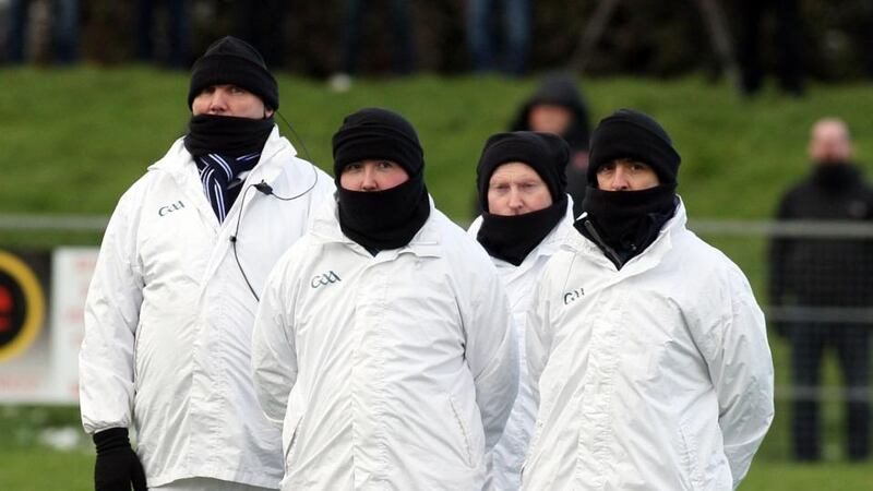 Umpires on McKenna Cup duty in Derry. On any given day, an umpire’s kitbag will contain one coat, one hat, one pair of gloves, one pair of waterproof trousers. Photograph: Lorcan Doherty/Presseye/Inpho