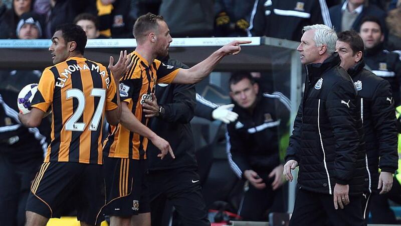 Newcastle United’s manager Alan Pardew (right) and Hull City’s David Meyler confront each other after the incident. Photograph: Lynne Cameron/PA Wire