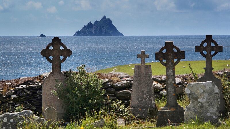 Killemlagh Church Grave yard, The Glen, Ballinscelligs, 12th century, with a view of Skellig Michael, monastic Island, Skellig Michael founded in the 7th century, for 600 years the island was a centre of monastic life for Irish Christian monks. Photograph: Valerie O’Sullivan